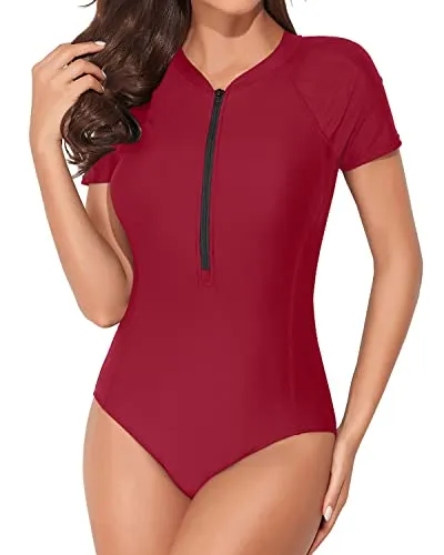 Upf 50  Surfing Swimwear One Piece Zipper Bathing Suit Short Sleeve Swimsuits-Red