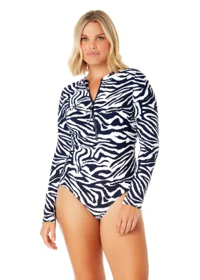 Women's Zebra Shadow Long Sleeve Front Zip Rash Guard Swimsuit
