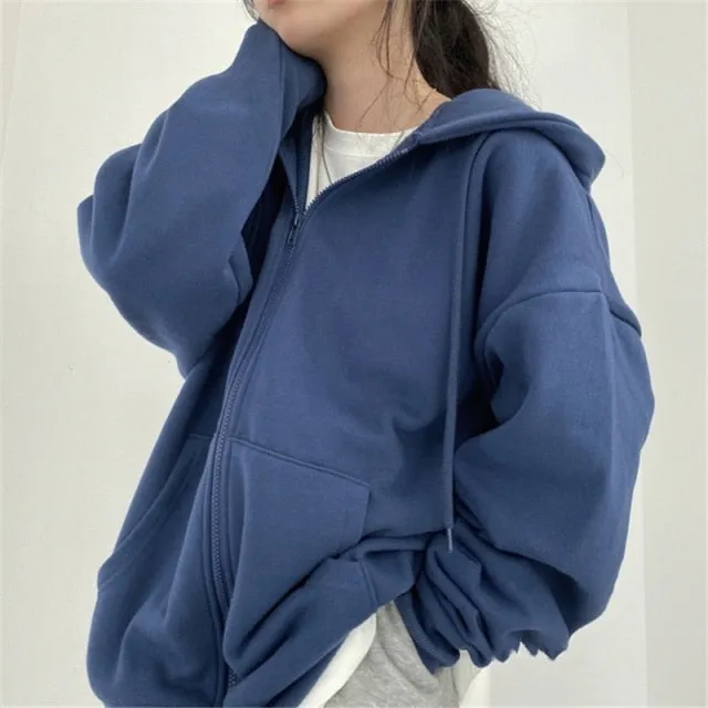Yeknu Women Korean Version Loose Hoodies Long Sleeve Zip Up Solid Pocket Oversized Sweatshirts Female Thin Harajuku Hooded Coat Top