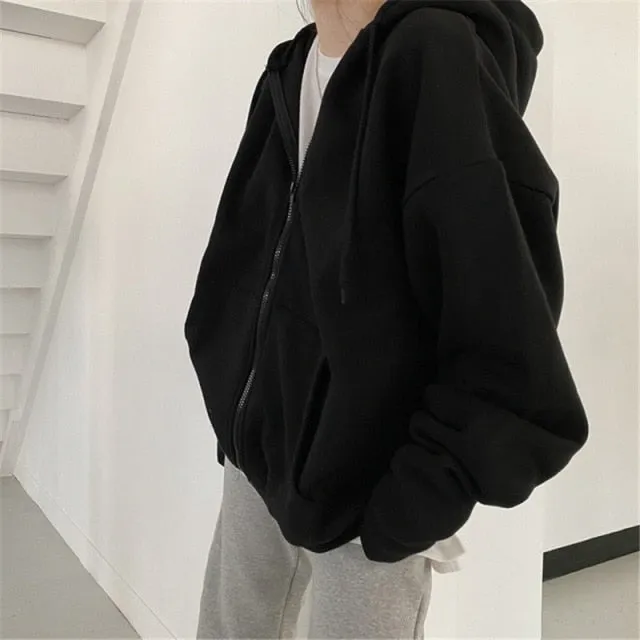 Yeknu Women Korean Version Loose Hoodies Long Sleeve Zip Up Solid Pocket Oversized Sweatshirts Female Thin Harajuku Hooded Coat Top