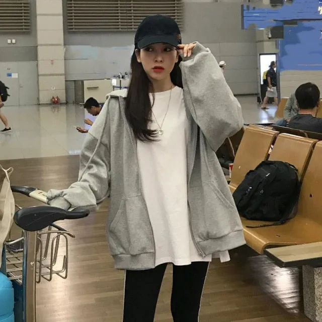 Yeknu Women Korean Version Loose Hoodies Long Sleeve Zip Up Solid Pocket Oversized Sweatshirts Female Thin Harajuku Hooded Coat Top