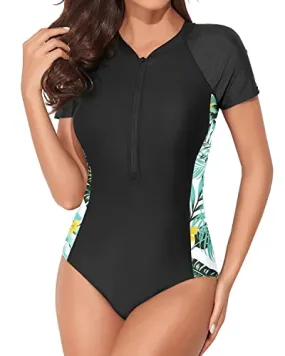 Zipper Bathing Suit Surfing Swimwear Upf 50  Rash Guard For Women-Black Leaf