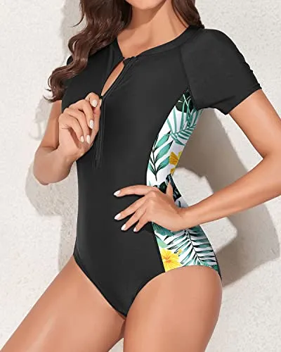 Zipper Bathing Suit Surfing Swimwear Upf 50  Rash Guard For Women-Black Leaf